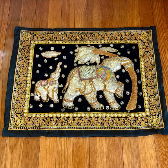 Vintage Embroidered Elephant Textile Wall Hanging Glass Cabochon India